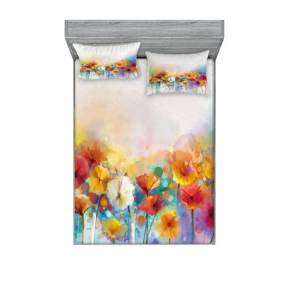 Ambesonne Floral Fitted Sheet & Pillow Sham Set, Gerbera Flower Bouquet, Queen, Red Orange
