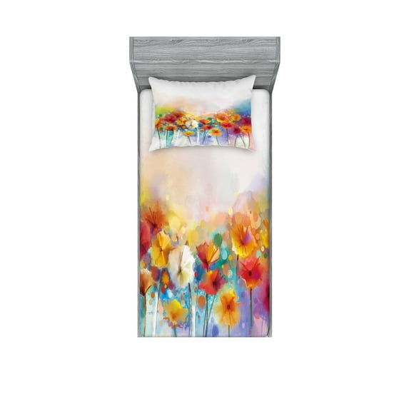 Ambesonne Floral Fitted Sheet & Pillow Sham Set, Gerbera Flower Bouquet, Twinxl, Red Orange