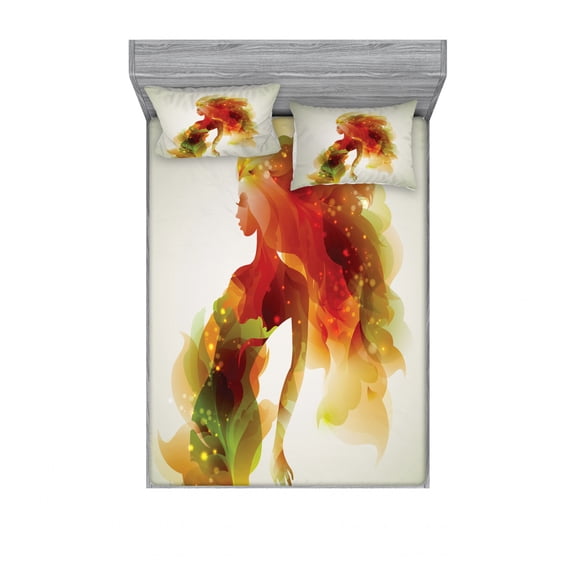 Ambesonne Floral Fitted Sheet & Pillow Sham Set, Girl Abstract Lady, Queen, Eggshell Orange