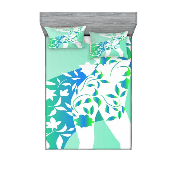 Ambesonne Floral Fitted Sheet & Pillow Sham Set, Girl Flower Petal Leaves, Queen, Turquoise Teal White
