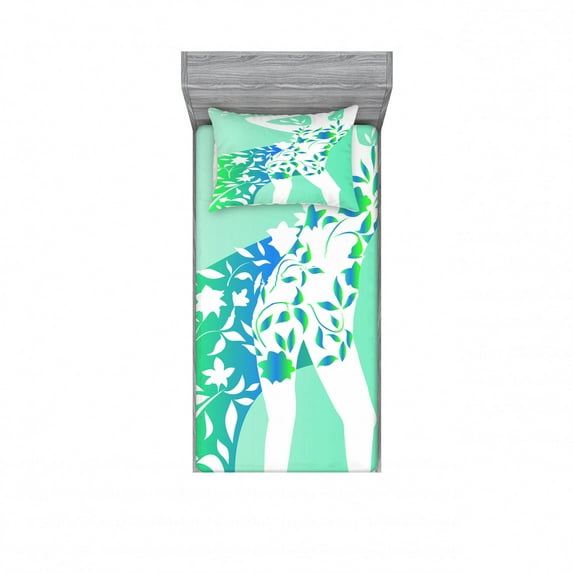 Ambesonne Floral Fitted Sheet & Pillow Sham Set, Girl Flower Petal Leaves, Twin, Turquoise Teal White