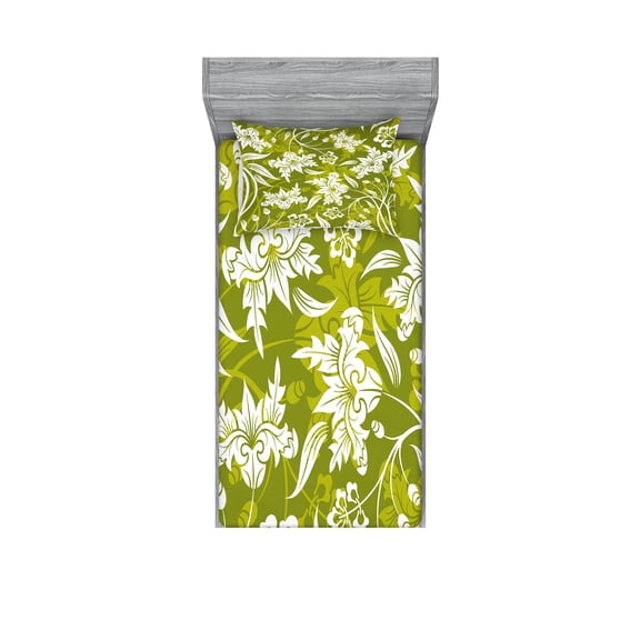 Ambesonne Floral Fitted Sheet & Pillow Sham Set, Green Flower Pattern, Twin, Pale Green White