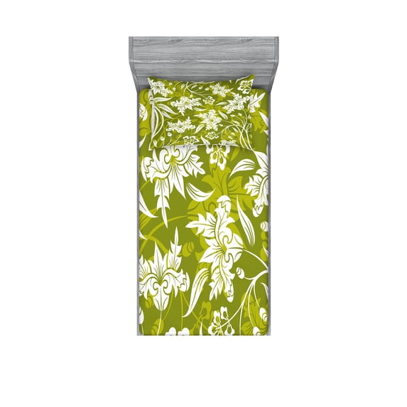 Ambesonne Floral Fitted Sheet & Pillow Sham Set, Green Flower Pattern, Twinxl, Pale Green White