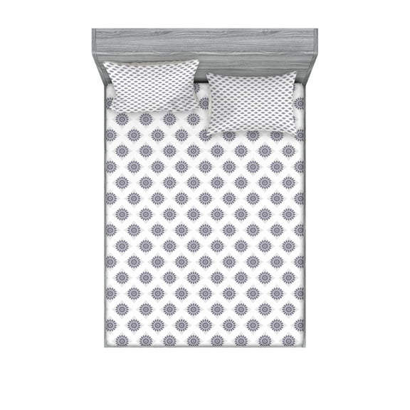 Ambesonne Floral Fitted Sheet & Pillow Sham Set, Grey Squares Flowers, Queen, Grey Grey White
