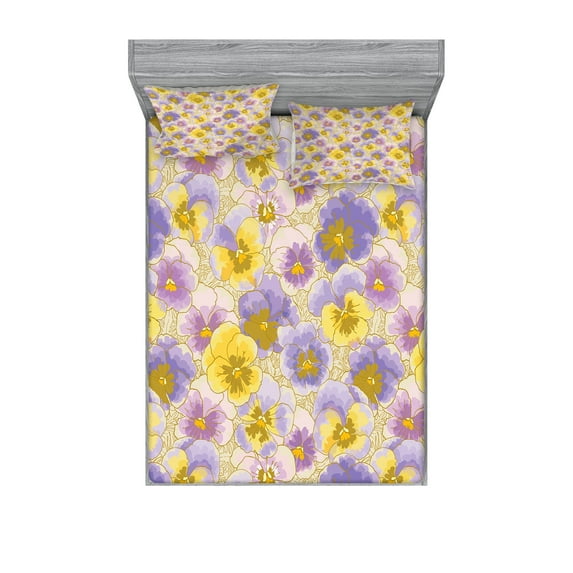 Ambesonne Floral Fitted Sheet & Pillow Sham Set, Hand Drawn Pansy Garden, Queen, Lavender Lilac Yellow