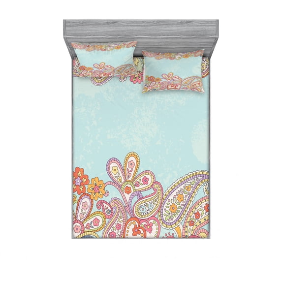 Ambesonne Floral Fitted Sheet & Pillow Sham Set, Hand Drawn Retro Paisley, Full, Multicolor