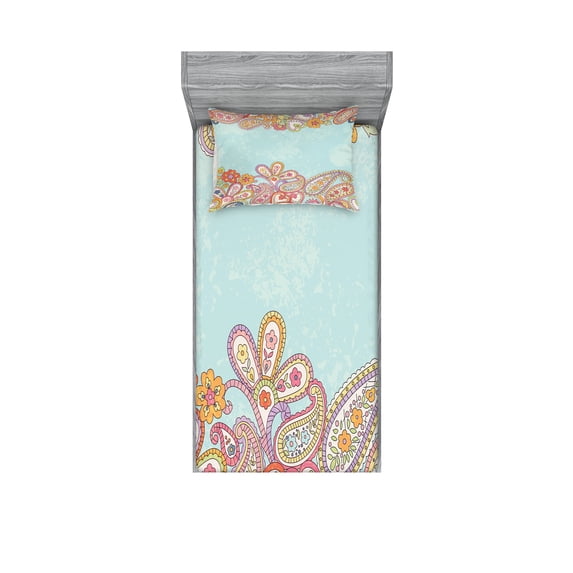 Ambesonne Floral Fitted Sheet & Pillow Sham Set, Hand Drawn Retro Paisley, Twinxl, Multicolor