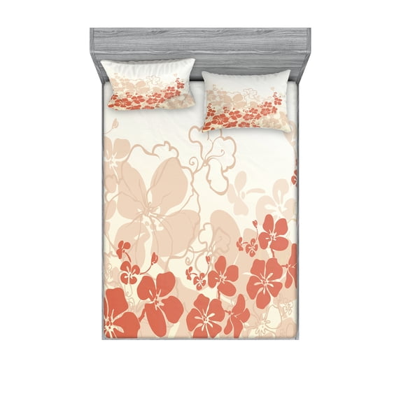 Ambesonne Floral Fitted Sheet & Pillow Sham Set, Hawaii Flowers Tropical, Full, Fuchsia Salmon White