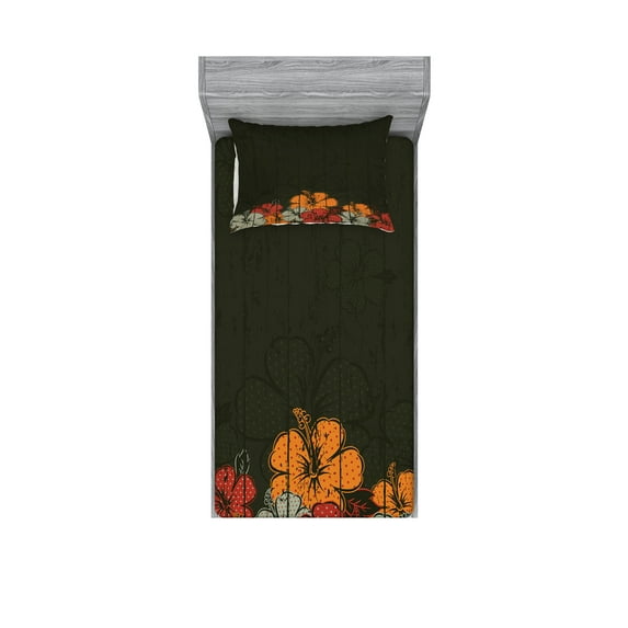 Ambesonne Floral Fitted Sheet & Pillow Sham Set, Hawaiian Romantic, Twinxl, Amber Red Army Green