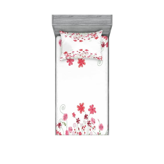 Ambesonne Floral Fitted Sheet & Pillow Sham Set, Herbs Blossoms Bridal, Twinxl, Pink Green White