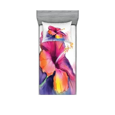 Ambesonne Floral Fitted Sheet & Pillow Sham Set, Hibiscus Flower Pastel, Twin, Multicolor