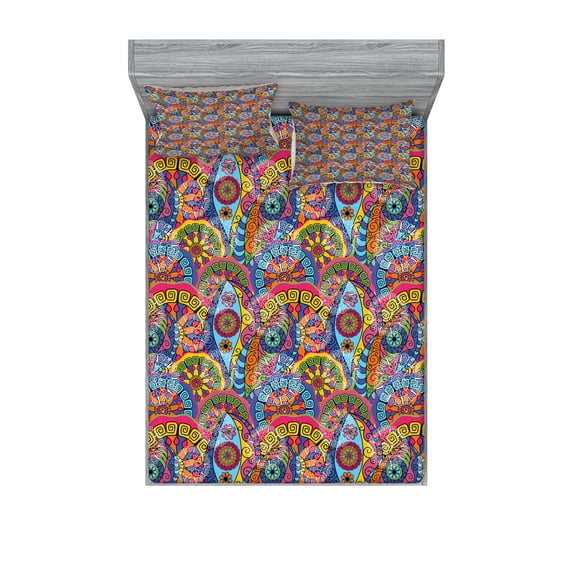 Ambesonne Floral Fitted Sheet & Pillow Sham Set, Hippie Aztec Tribal Boho, Full, Multicolor