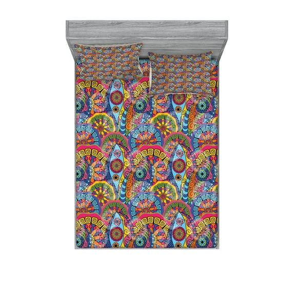 Ambesonne Floral Fitted Sheet & Pillow Sham Set, Hippie Aztec Tribal Boho, Queen, Multicolor