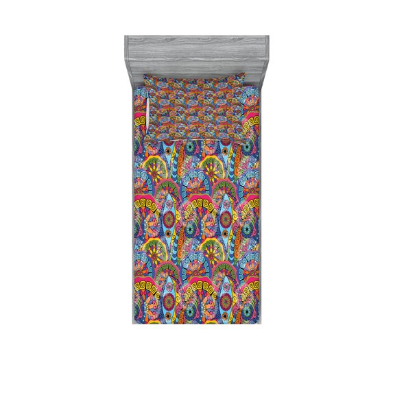 Ambesonne Floral Fitted Sheet & Pillow Sham Set, Hippie Aztec Tribal Boho, Twin, Multicolor