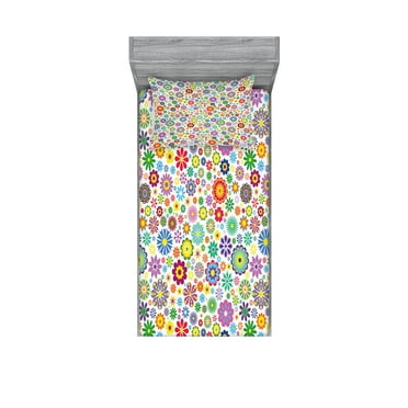 Ambesonne Floral Fitted Sheet & Pillow Sham Set, Hippie Cheerful, Twinxl, Multicolor