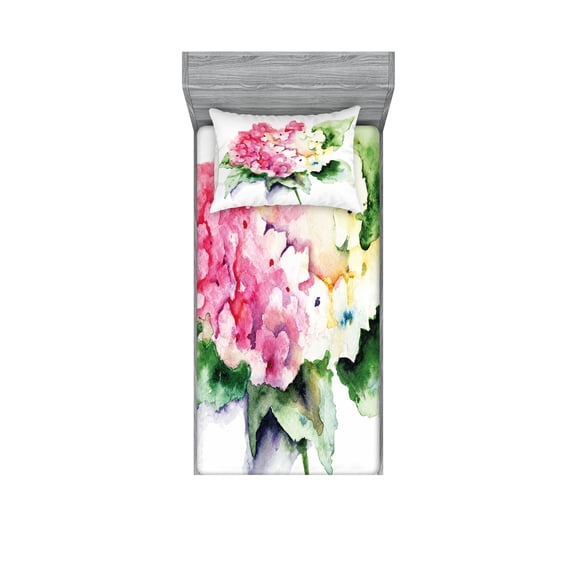 Ambesonne Floral Fitted Sheet & Pillow Sham Set, Hydrangea Flower Bouquet, Twin, Forest Green Yellow Pink