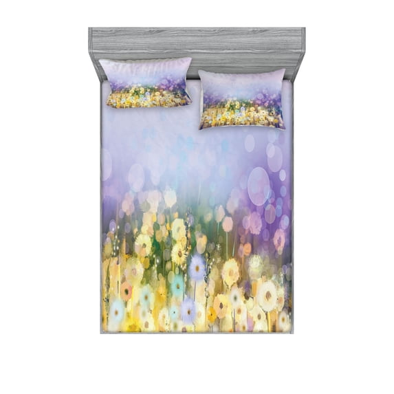 Ambesonne Floral Fitted Sheet & Pillow Sham Set, Idyllic Pastoral Flower, Queen, Yellow Purple