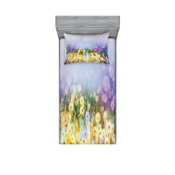 Ambesonne Floral Fitted Sheet & Pillow Sham Set, Idyllic Pastoral Flower, Twin, Yellow Purple