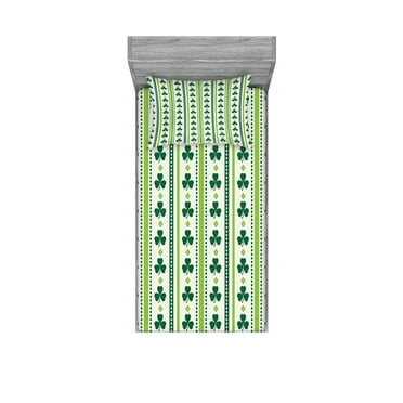 Ambesonne Floral Fitted Sheet & Pillow Sham Set, Irish Clovers Lines Dots, Twinxl, Lime Green Dark Green