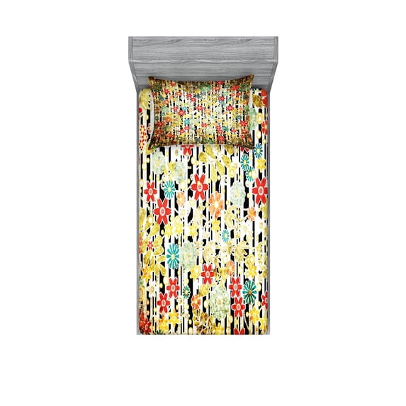 Ambesonne Floral Fitted Sheet & Pillow Sham Set, Ivy Leaves and Scenery, Twin, Multicolor