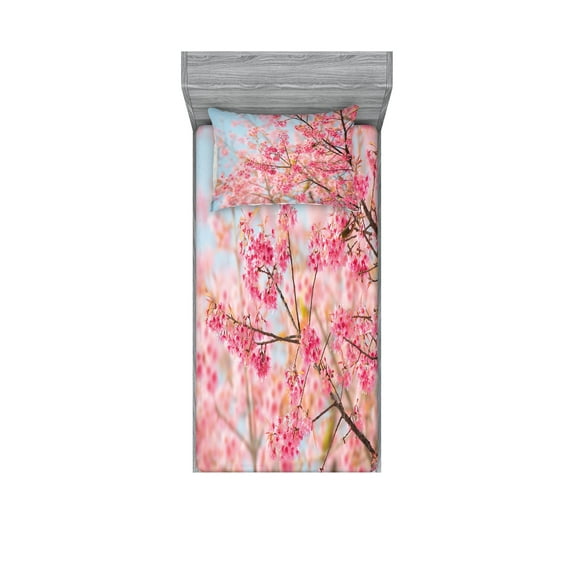 Ambesonne Floral Fitted Sheet & Pillow Sham Set, Japanese Sakura Cherry, Twinxl, Pale Blue Pale Pink