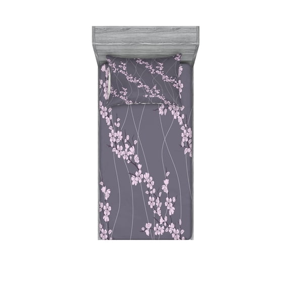 Ambesonne Floral Fitted Sheet & Pillow Sham Set, Japanese Sakura, Twin, Taupe Pale Pink