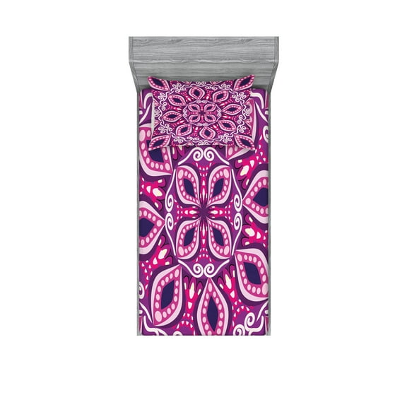 Ambesonne Floral Fitted Sheet & Pillow Sham Set, Lace Trippy Flowers Leaf, Twin, Magenta Pink Plum