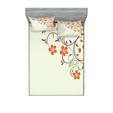 Ambesonne Floral Fitted Sheet & Pillow Sham Set, Ladybugs Flowers Spring, Full, Pale Green Red