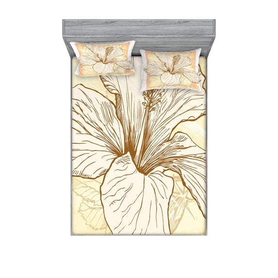 Ambesonne Floral Fitted Sheet & Pillow Sham Set, Large Hibiscus Flower Petals, Full, Peach Salmon