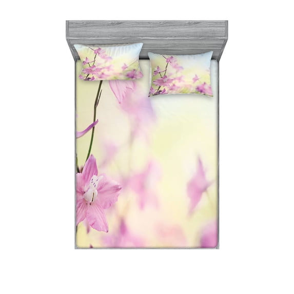 Ambesonne Floral Fitted Sheet & Pillow Sham Set, Larkspur Petals Summer, Queen, Pale Green Pale Pink