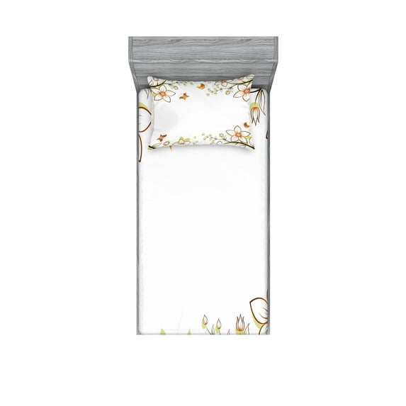 Ambesonne Floral Fitted Sheet & Pillow Sham Set, Leaves Branches Buds, Twin, Pale Green Pale Brown