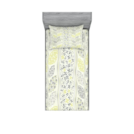 Ambesonne Floral Fitted Sheet & Pillow Sham Set, Leaves Branchs Vintage, Twinxl, Grey Green