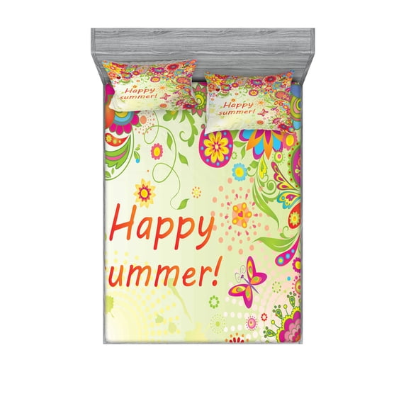 Ambesonne Floral Fitted Sheet & Pillow Sham Set, Leaves Paisley, Queen, Multicolor