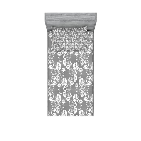 Ambesonne Floral Fitted Sheet & Pillow Sham Set, Leaves Swirls and Dots, Twin, Grey White