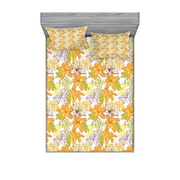 Ambesonne Floral Fitted Sheet & Pillow Sham Set, Lily Petals Exotic Bloom, Queen, Apple Green Marigold