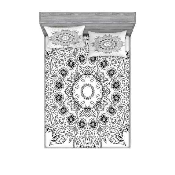 Ambesonne Floral Fitted Sheet & Pillow Sham Set, Mandala Black White, Queen, Black White