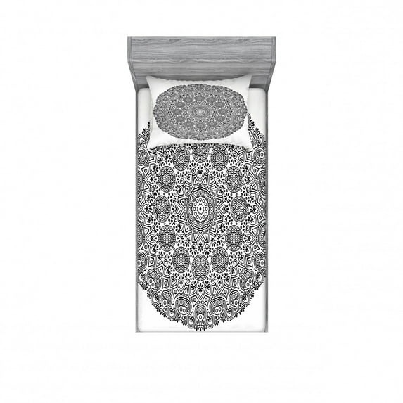 Ambesonne Floral Fitted Sheet & Pillow Sham Set, Mandala Lace Art, Twin, White and Black