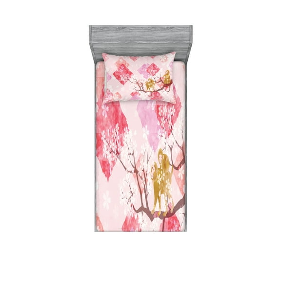 Ambesonne Floral Fitted Sheet & Pillow Sham Set, Minimalist Tree Braches, Twin, Pink Red Pale Coffee