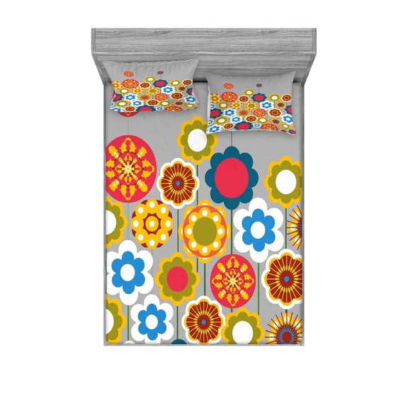 Ambesonne Floral Fitted Sheet & Pillow Sham Set, Modern Colorful Summer, Queen, Multicolor