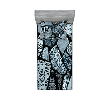 Ambesonne Floral Fitted Sheet & Pillow Sham Set, Modern Geometric Shapes, Twinxl, Bluegrey Black White