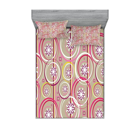 Ambesonne Floral Fitted Sheet & Pillow Sham Set, Modern Retro Mix Sketch, Queen, Tan Purple Hot Pink