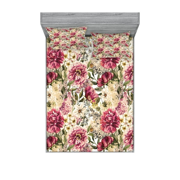 Ambesonne Floral Fitted Sheet & Pillow Sham Set, Motley Spring Flowers Leaves, Queen, Multicolor