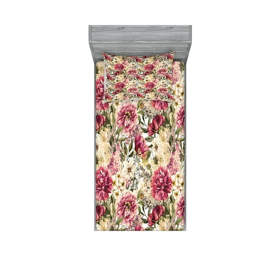 Ambesonne Floral Fitted Sheet & Pillow Sham Set, Motley Spring Flowers Leaves, Twin, Multicolor