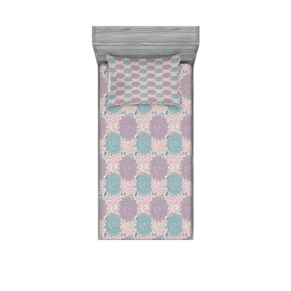 Ambesonne Floral Fitted Sheet & Pillow Sham Set, Multi Petal Chrysanthemum, Twin, Blue Grey Grey Pink Rose