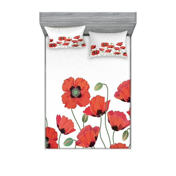 Ambesonne Floral Fitted Sheet & Pillow Sham Set, Natural Poppy Garden, Queen, Orange Green