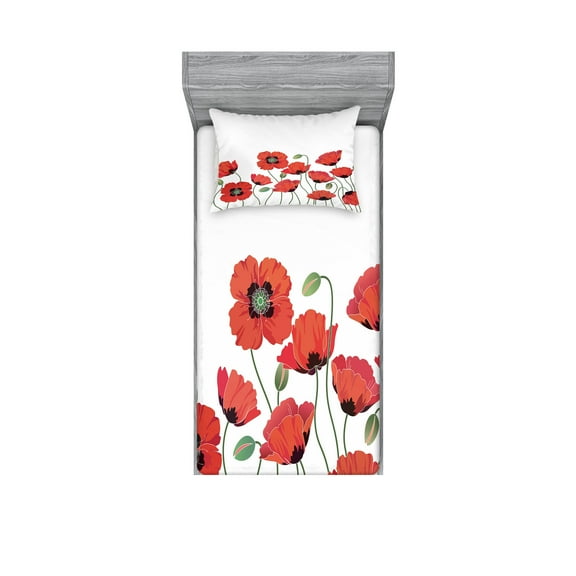 Ambesonne Floral Fitted Sheet & Pillow Sham Set, Natural Poppy Garden, Twin, Orange Green