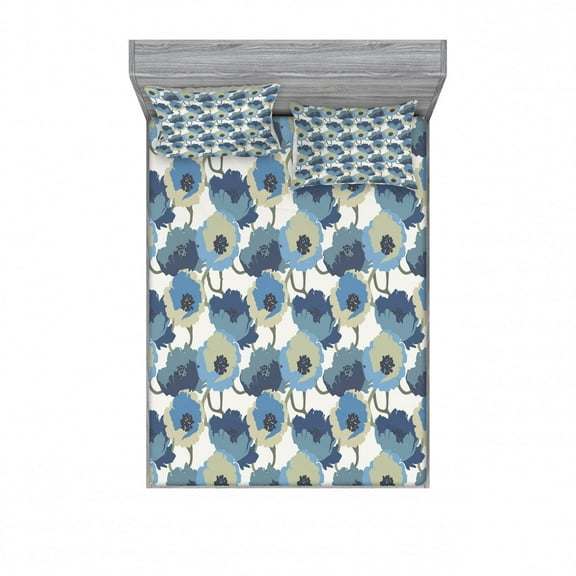 Ambesonne Floral Fitted Sheet & Pillow Sham Set, Ombre Romantic Flowers, Full, Grey Navy