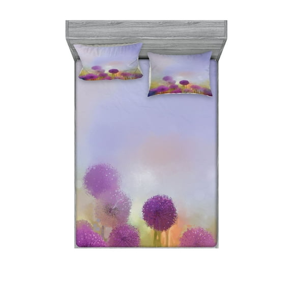 Ambesonne Floral Fitted Sheet & Pillow Sham Set, Onion Flowers Pastel, Queen, Purple Blue