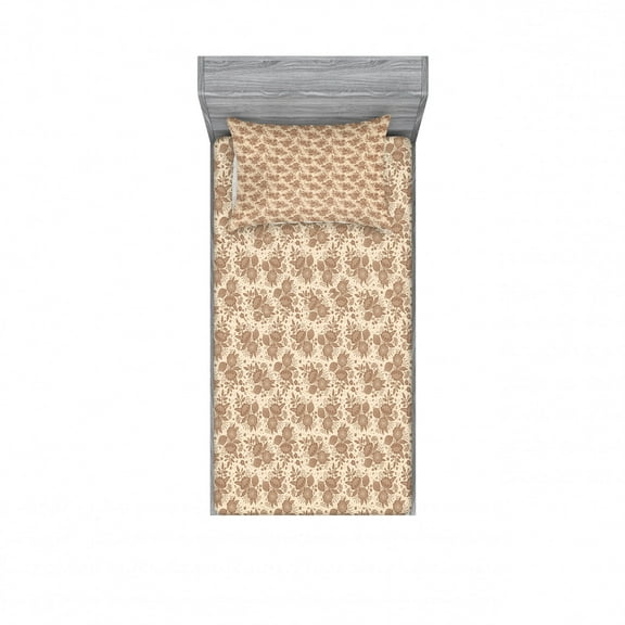 Ambesonne Floral Fitted Sheet & Pillow Sham Set, Oriental Blooming Peonies, Twinxl, Umber and Champagne