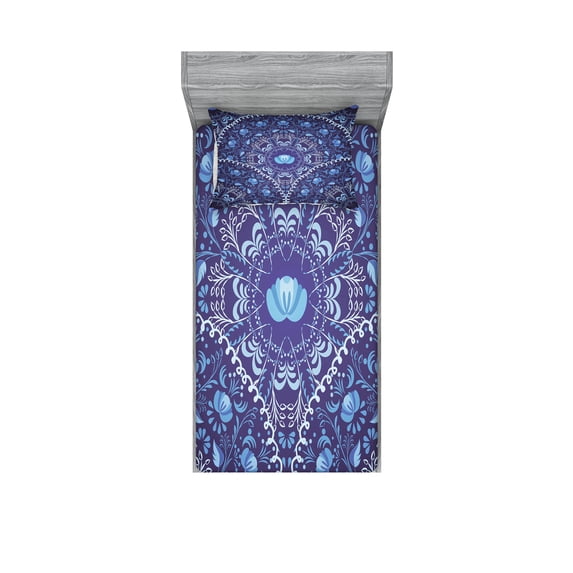 Ambesonne Floral Fitted Sheet & Pillow Sham Set, Oriental Circular Design, Twinxl, Navy Blue White and Blue